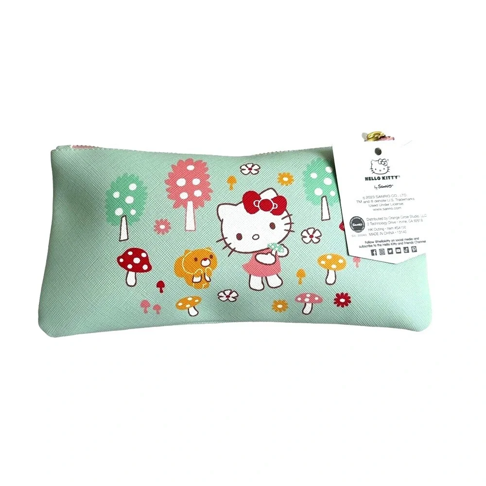 Sanrio Hello Kitty Zipper Pencil Pouch Mint Green Mushroom School Case